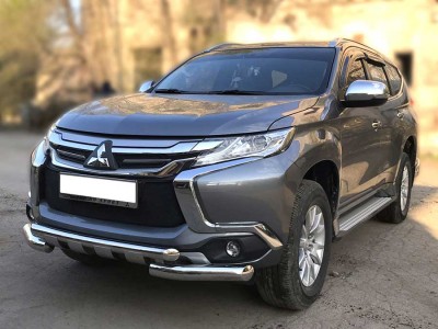 Защита переднего бампера d-76+60 с доп.накладками для Mitsubishi Pajero Sport 2016-2020