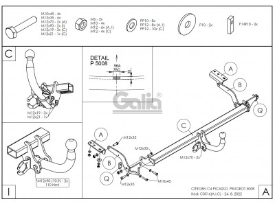 ТСУ Фаркоп оцинкованный Galia шар A для Citroen C4 Picasso/Grand Picasso/Peugeot 5008 № C051A