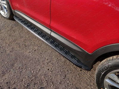 Пороги алюминиевые ТСС с накладкой чёрные для Hyundai Santa Fe № HYUNSF4WD15-20BL
