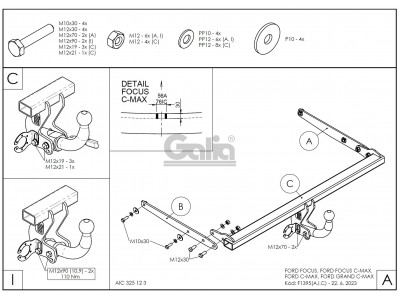 Фаркоп оцинкованный для Ford Focus 2003-2018, Ford Focus C-MAX 2003-2010, 2010-2019, Ford Grand C-MAX 2010-2019 условно-съемное крепление шара №F139A