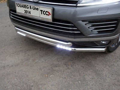 Защита передняя двойная с ДХО 60-60 мм ТСС для Volkswagen Touareg R-Line 2014-2017