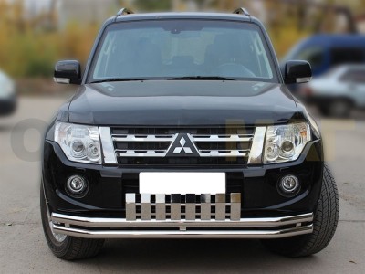 Защита передняя двойная 60-60 мм с накладкой для Mitsubishi Pajero 4 № MP2012_1.1
