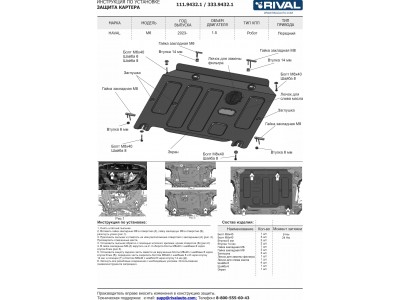 Защита картера + комплект крепежа, Rival, Алюминий, Haval M6, V-1.5, Робот, передний, 2023-н.в.