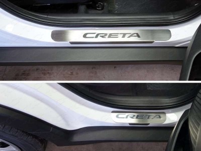 Накладки на пороги с надписью Creta шлифованный лист для Hyundai Creta № HYUNCRE16-10