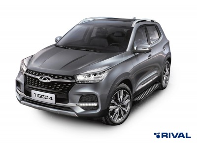Порог-площадка "Black" F173ALB + комплект крепежа, RIVAL для Chery Tiggo 4 2019-/ 4 Pro 2022-н.в.