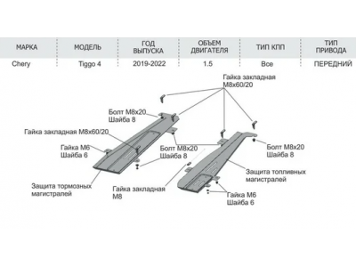 Защита топливных и тормозных магистралей (алюминий) + комплект крепежа для Chery Tiggo 4 2019-2023 (V - 1.5) (2 шт.)