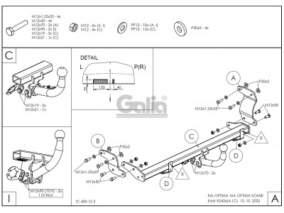 Фаркоп Galia шар А оцинкованный, условно-съемное крепление для Kia Ceed № K044A