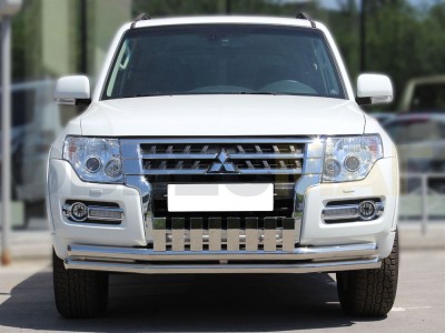 Защита передняя двойная 60-60 мм с накладкой для Mitsubishi Pajero 4 № MP2015_1.3