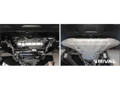 Защита радиатора, картера и КПП Rival для Volkswagen Touareg III (вкл. пакеты "Движение по бездорожью" и "Подвеска Pro") 2018-н.в., штампованная, алюминий 3 мм, с крепежом, 4 части