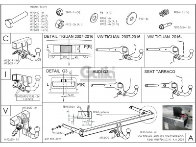 Фаркоп оцинкованный для Volkswagen Tiguan 2007-2016, 2016-2024, Audi Q3 2011-2018, Seat Tarraco 2018-н.в. вертикальное быстросъемное крепление шара с ключом №V069V