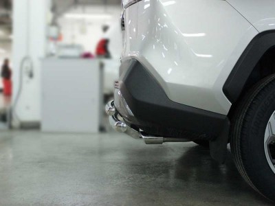 Защита заднего бампера радиусная двойная d-60+53 для Toyota RAV-4 2019 – н.в.