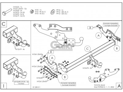 Фаркоп оцинкованный для Toyota Hilux 2015-н.в., JAC T6 2021-н.в., JAC T8 2018-н.в., JAC T8 Pro 2023-н.в., Sollers ST6 2023-н.в. условно-съемное крепление шара №T078A